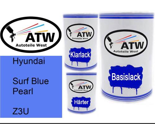 Hyundai, Surf Blue Pearl, Z3U: 500ml Lackdose + 500ml Klarlack + 250ml Härter - Set, von ATW Autoteile West.